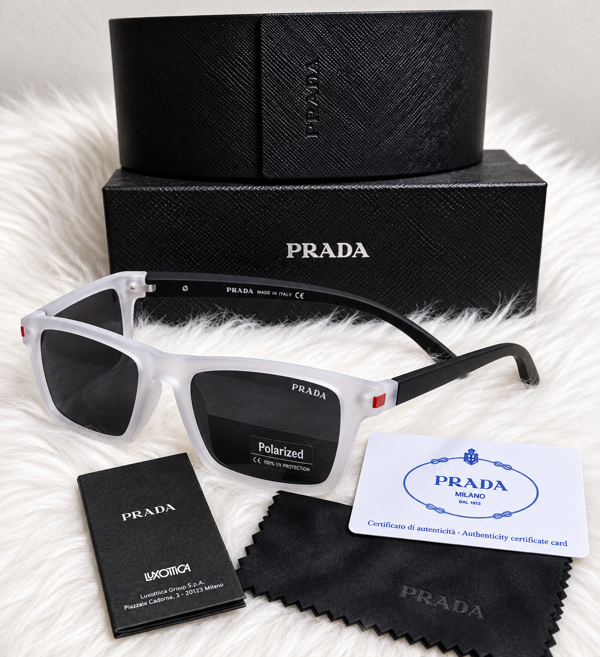 Prada Polarized White & Black Square Sunglasses