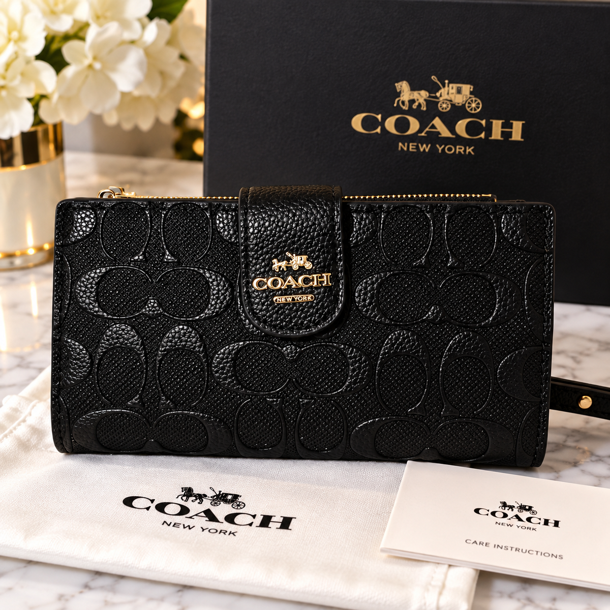 Coach Black Embossed Zip Wallet – Elegant & Stylish