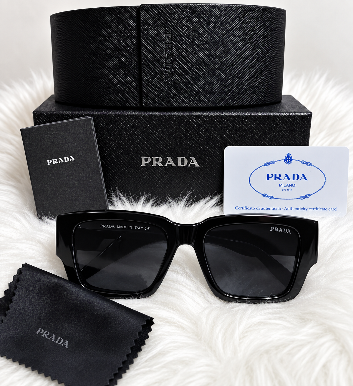 PRADA Square Sunglasses – Red, Black & Brown | Protective Case & Accessories
