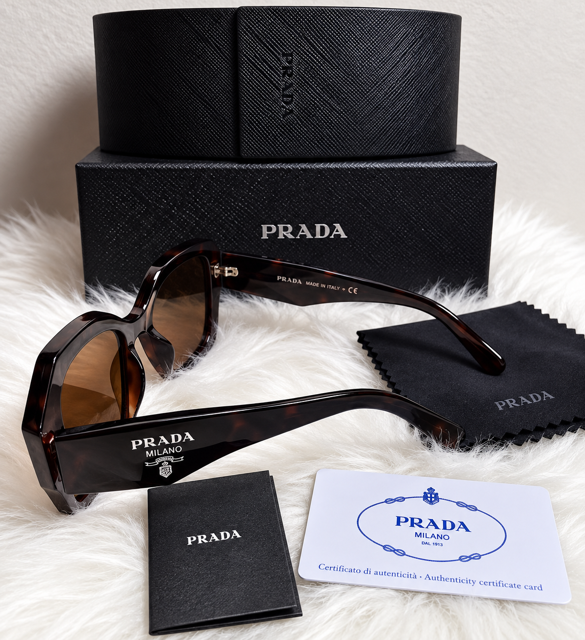 PRADA Square Sunglasses – Red, Black & Brown | Protective Case & Accessories