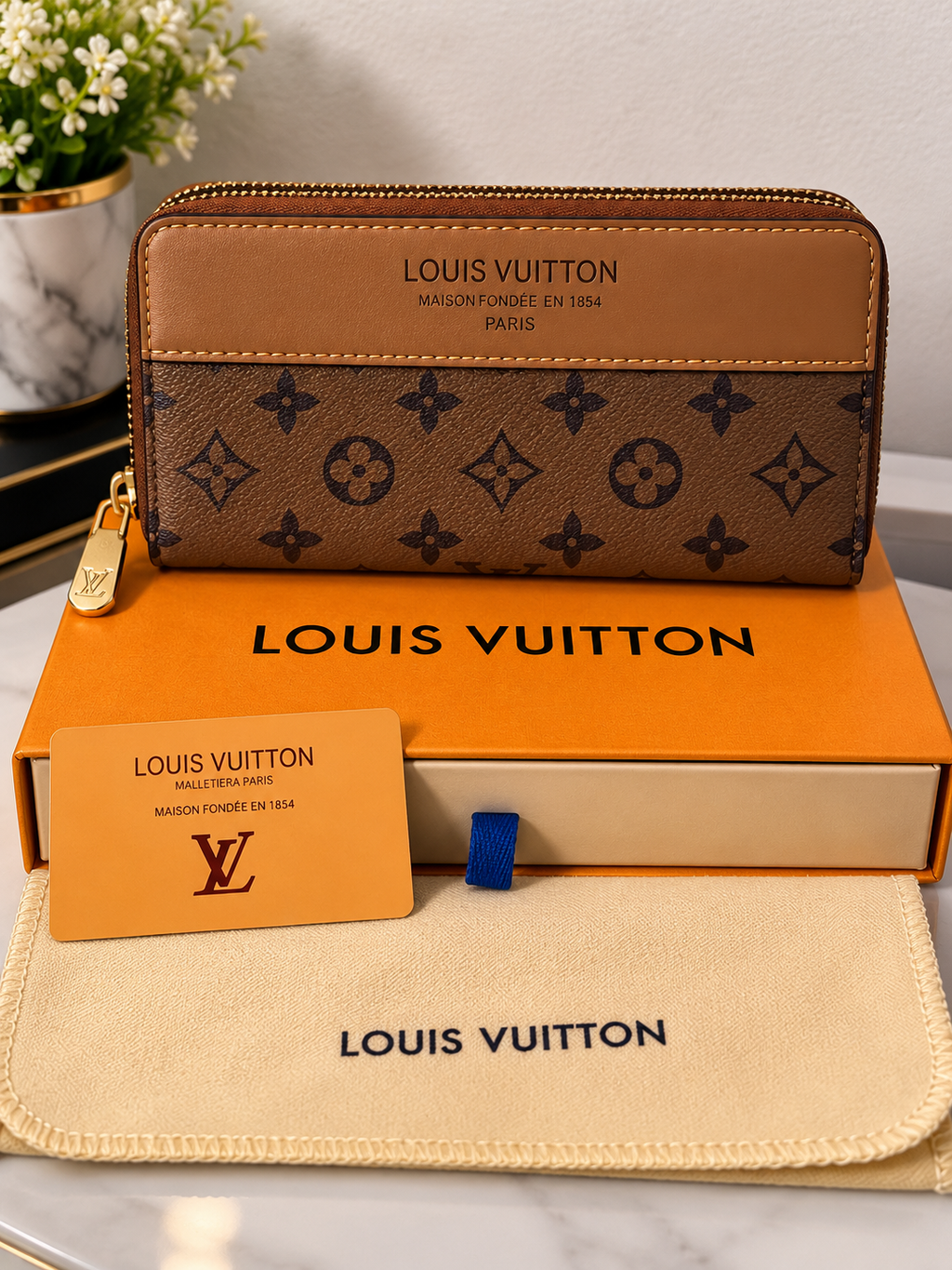 Brown Monogram Zip Wallet – Elegant & Stylish