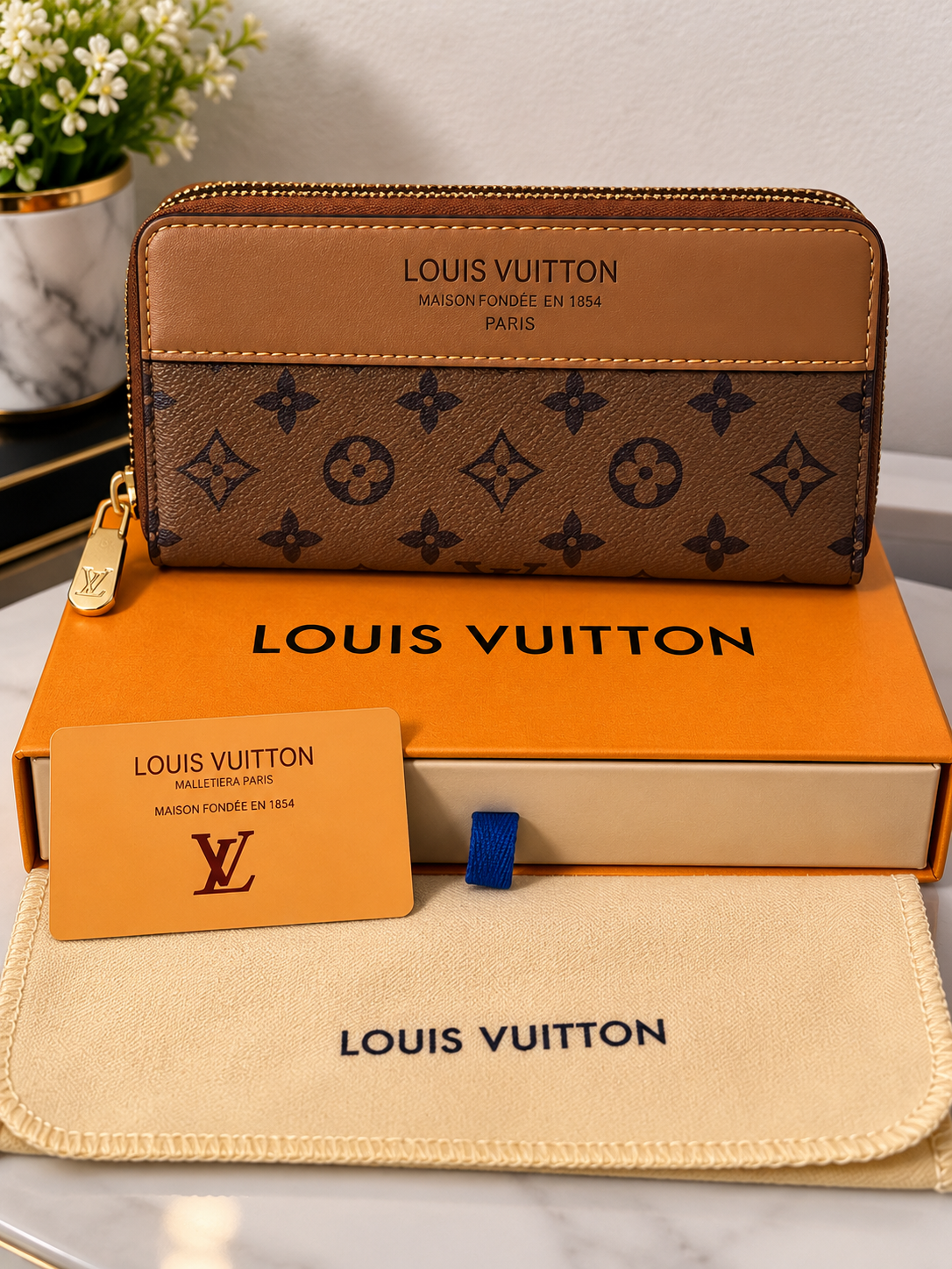 Brown Monogram Zip Wallet – Elegant & Stylish