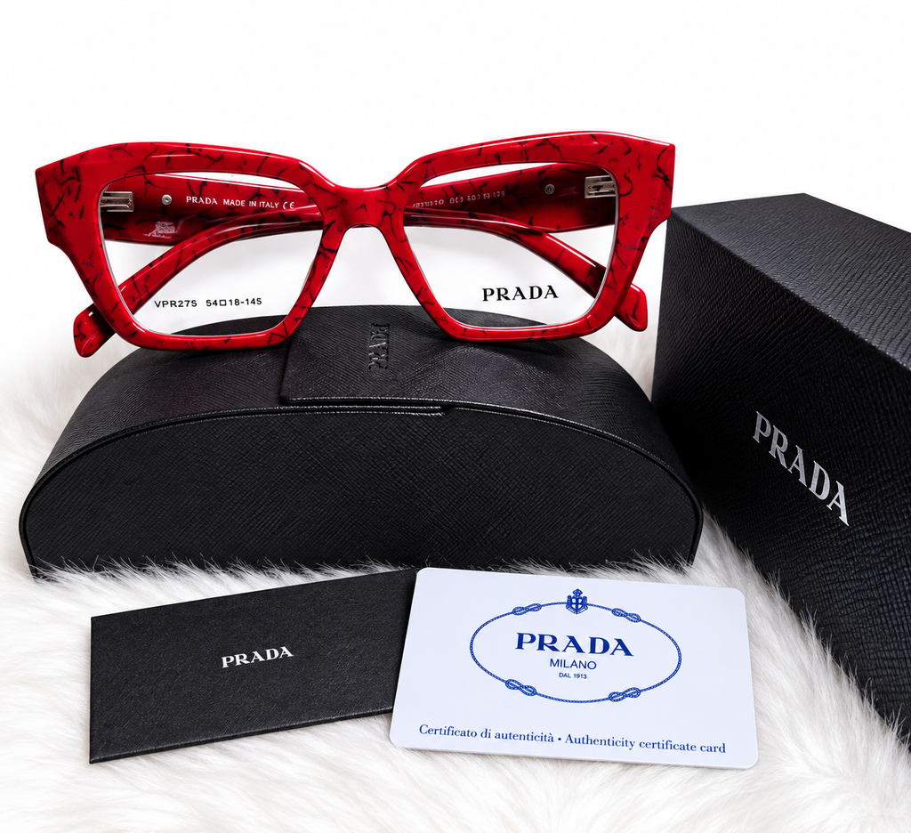 PRADA Square Sunglasses – Red, Black & Brown | Protective Case & Accessories