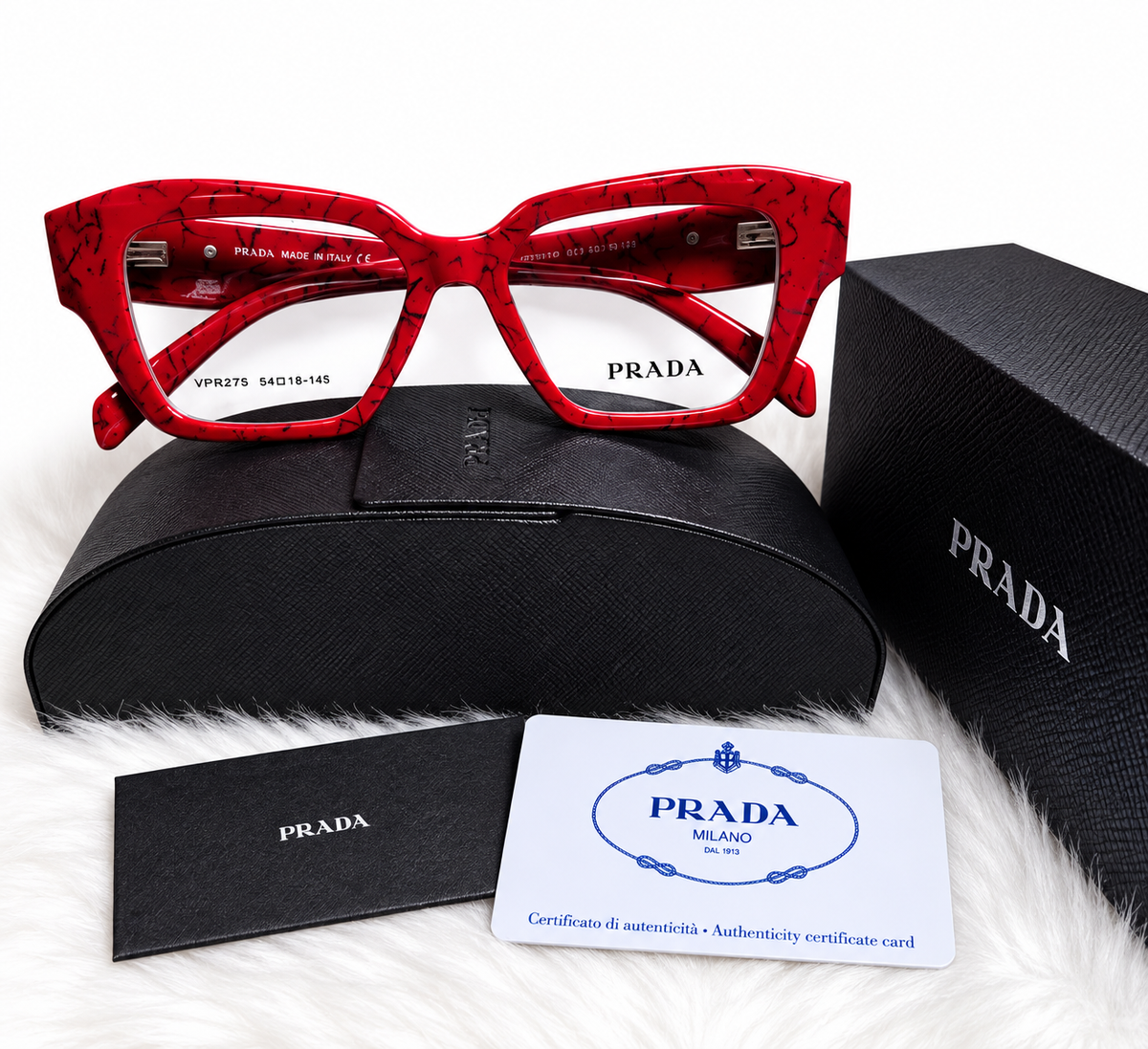 PRADA Square Sunglasses – Red, Black & Brown | Protective Case & Accessories