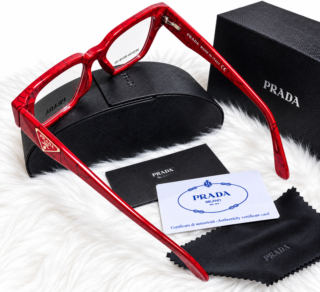 PRADA Square Sunglasses – Red, Black & Brown | Protective Case & Accessories