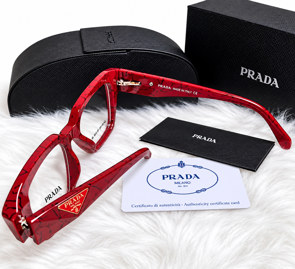 PRADA Square Sunglasses – Red, Black & Brown | Protective Case & Accessories