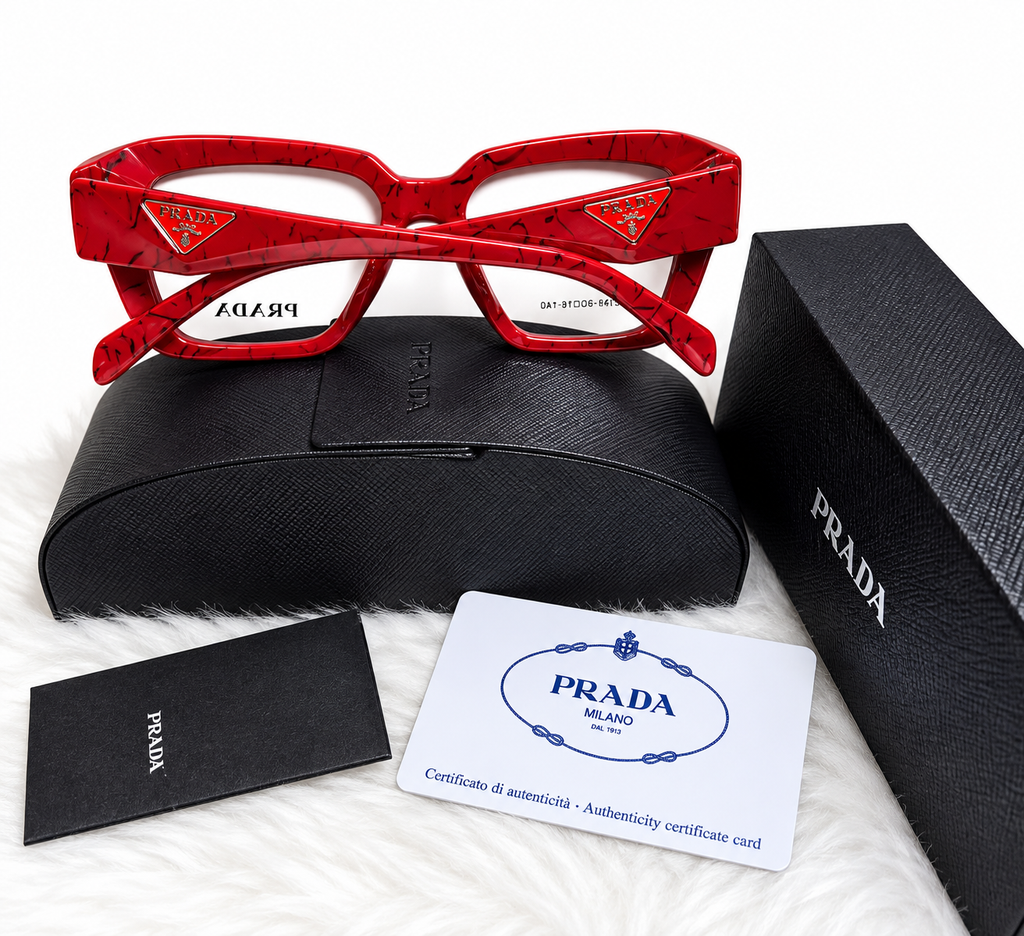PRADA Square Sunglasses – Red, Black & Brown | Protective Case & Accessories