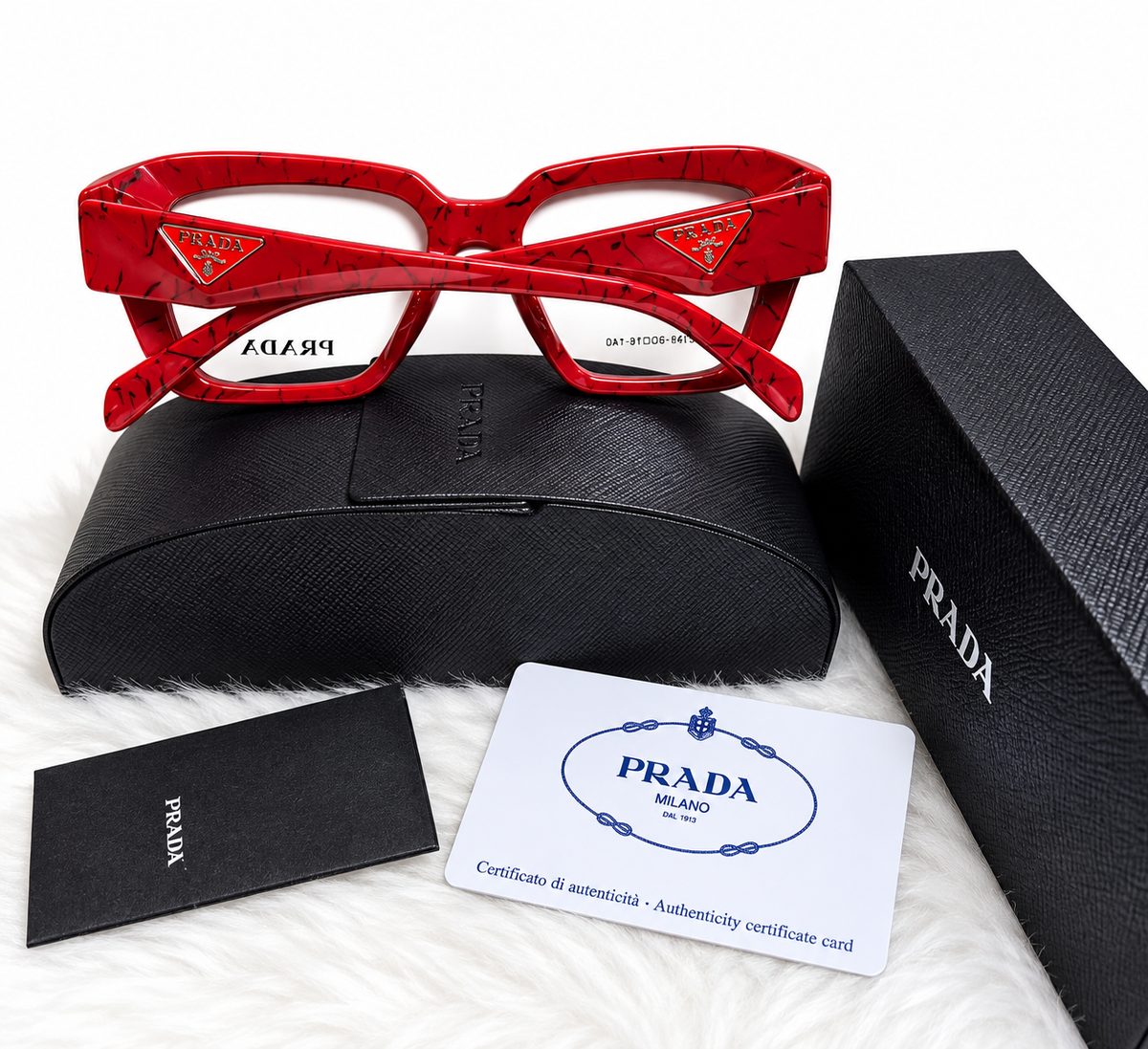 PRADA Square Sunglasses – Red, Black & Brown | Protective Case & Accessories