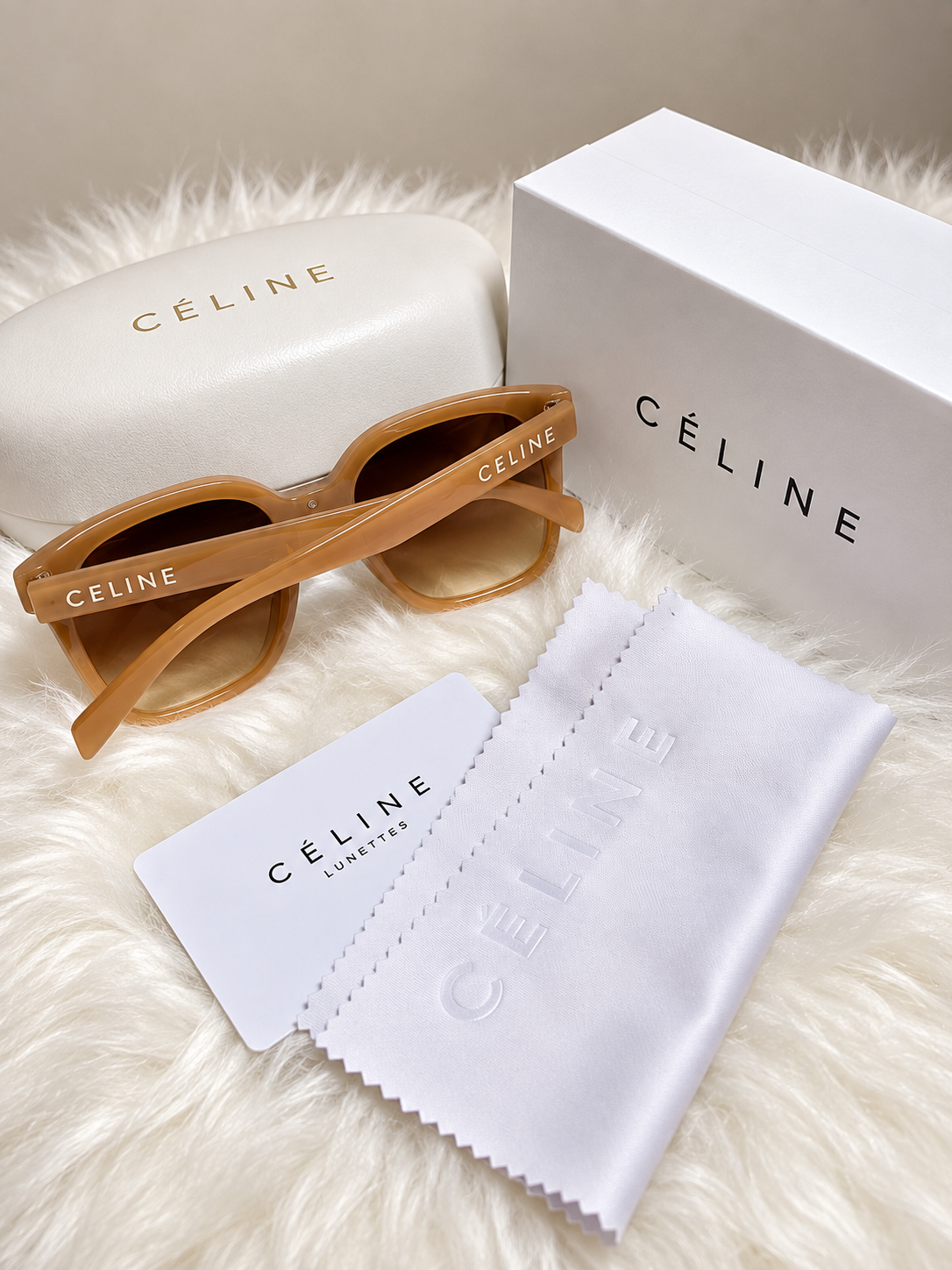 CÉLINE Oversized Brown Tortoiseshell Sunglasses with Protective Case & Cleaning Cloth